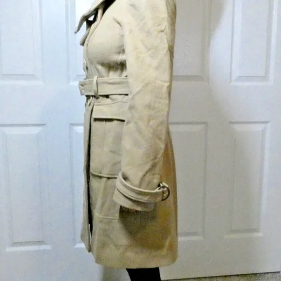 Brown Lambs Wool Trench Coat bebe Winter Warm Classic Double Breasted Women M